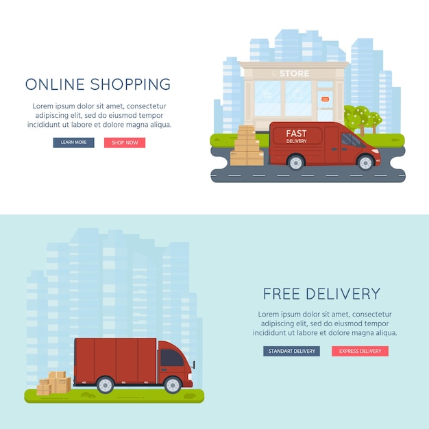 Logistics and delivery service concept truck lorry van with store shop and city background Postal service creative banner design Vector flat illustration