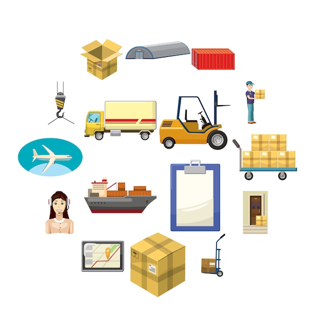 Logistics icon set, cartoon style