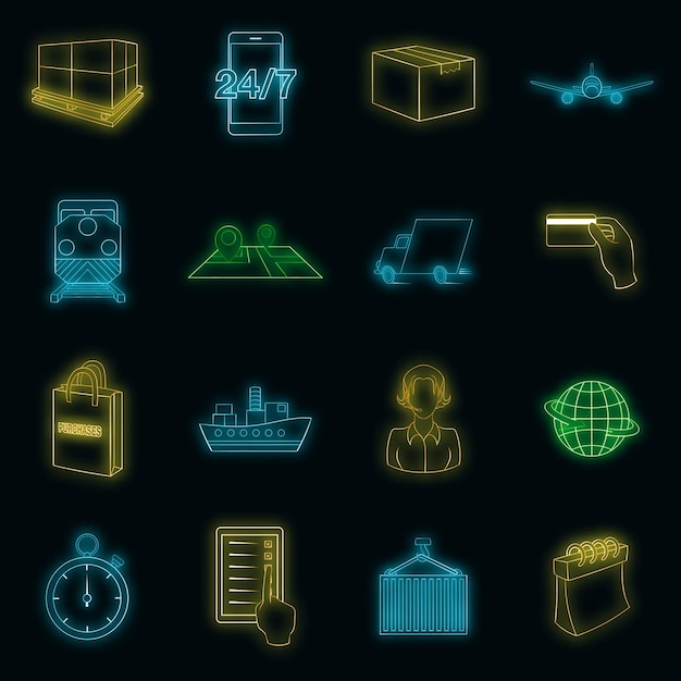 Logistics icons set in neon style. Transportation set isolated vector illustration