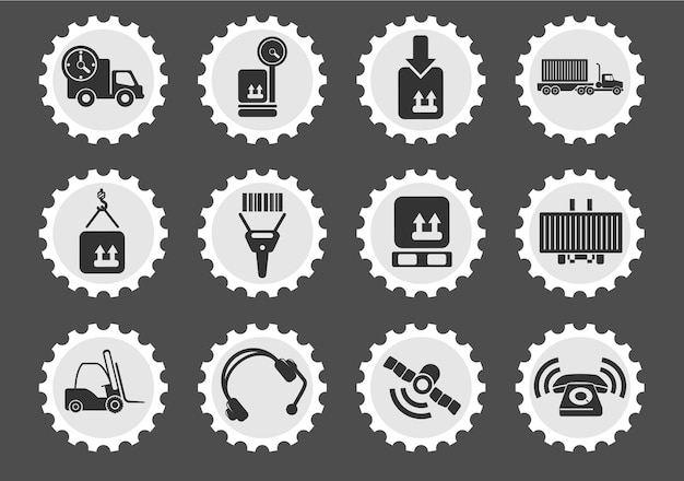 Logistics icons on stylized round postage stamps