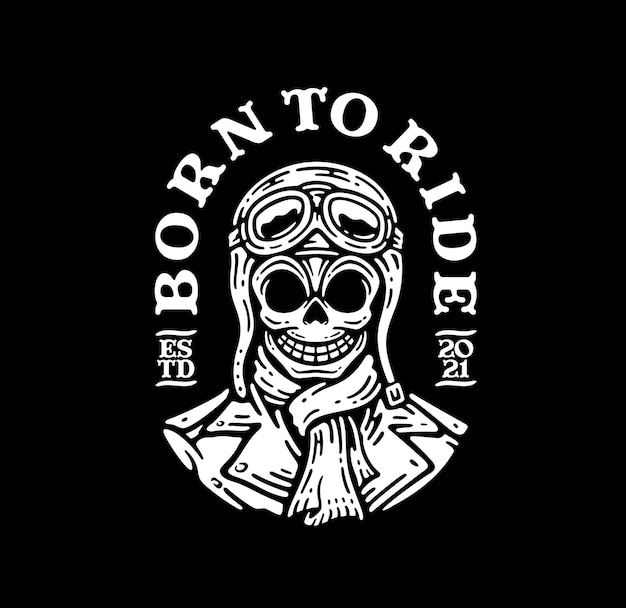 logo badge of skull face biker with scarf and helmet pilot illustration in vintage design