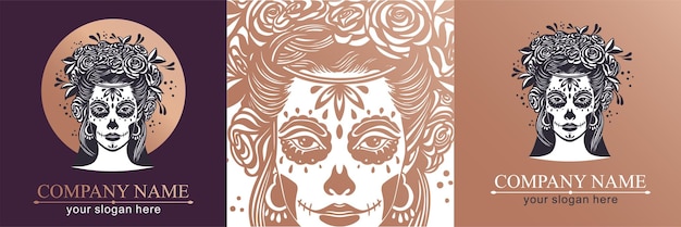 Logo in Calavera style Dia de los muertos Day of the dead is a Mexican holiday Girl with flowers in her hair and Woman with makeup sugar skull