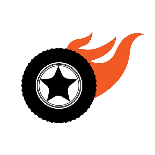 A logo for a car with a wheel and a flame on the side.