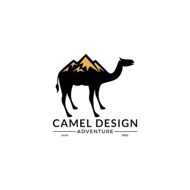 Logo caravan outline Camels in desert sand under hot sun in circle wavy white background.