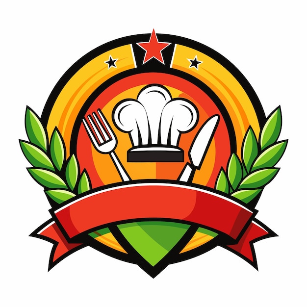 a logo for a chefs dish with a red ribbon and a chef hat