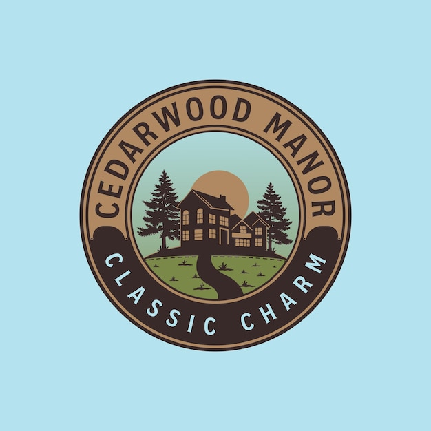 A logo for a classic charm called cedarwood manor classic charm.