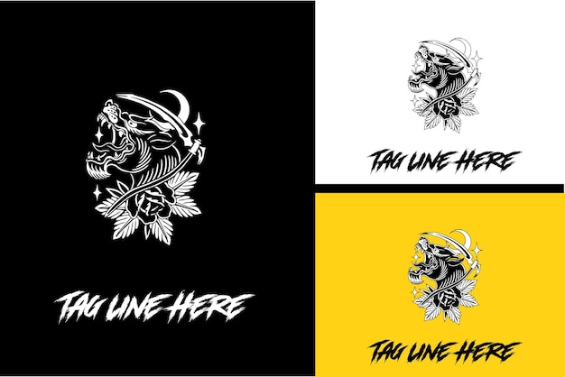 Logo concept of head wolf and flower vector black and white