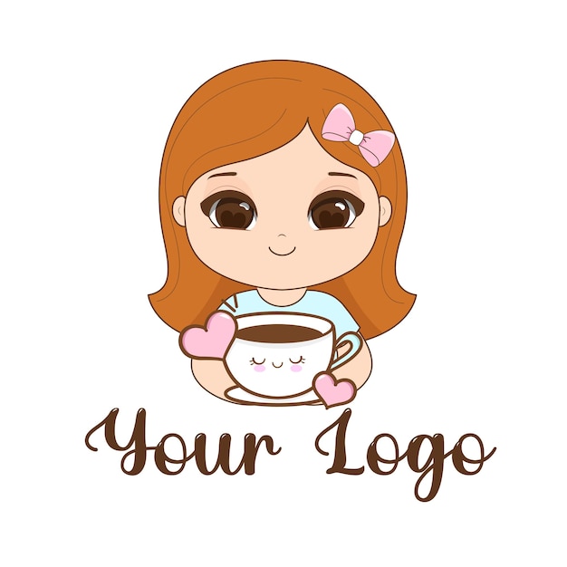 Logo cute girl mascot with cup tea Vector Illustration