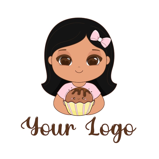 Logo cute girl mascot with cupcake Vector Illustration