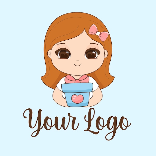 Logo cute girl mascot with gift box Vector Illustration