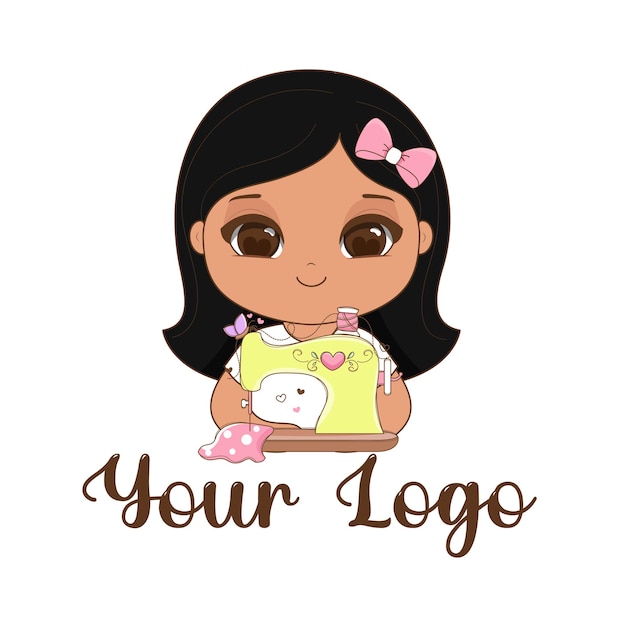 Logo cute girl mascot with sewing machine Vector Illustration