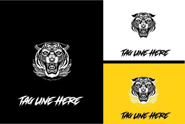 Logo design of head tiger and leaf vector black and white