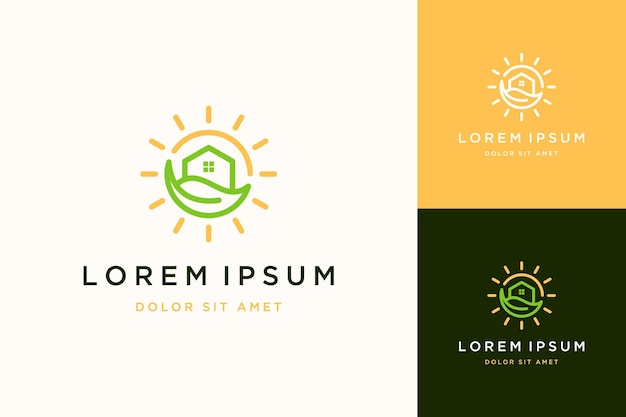 Logo design housing or houses with leaves and sun