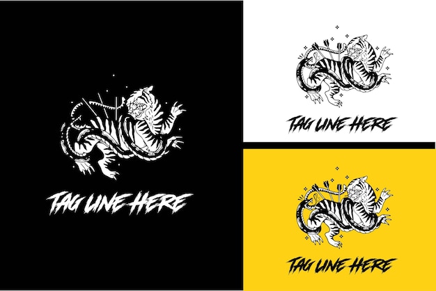 logo design of tiger and snake fighting black and white vector illustration