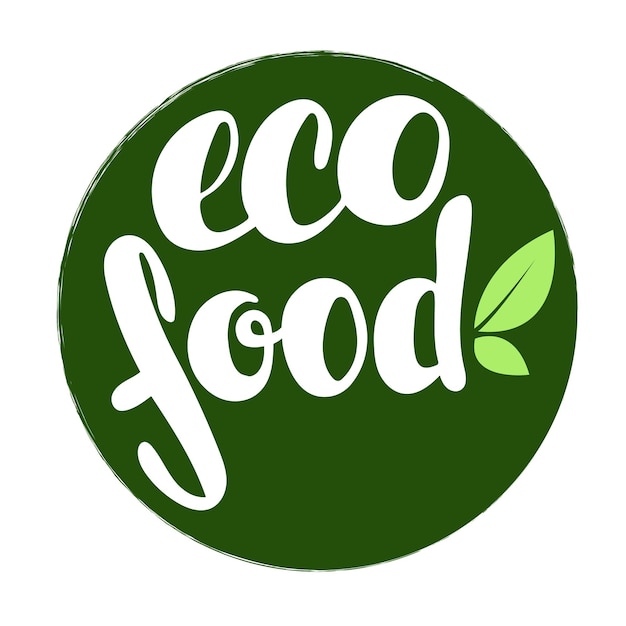 Logo eco food with leaves, natural product, organic, healthy food. Organic food badge in vector (cosmetic, food). Lettering eco food