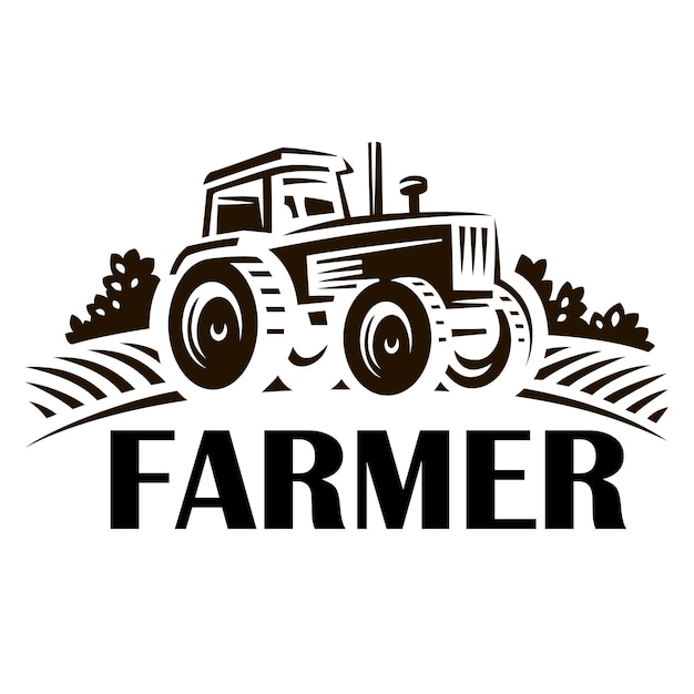 A logo for a farm with a tractor and trees in the background.