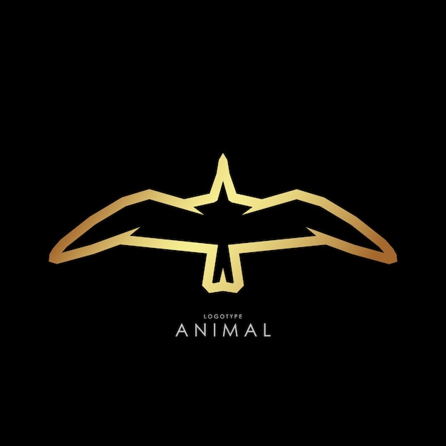 Logo in the form of a golden outline of a seagull with outstretched wings top view. A thick, geometric contour with broken lines. On a black background. For printing on clothing, company logo