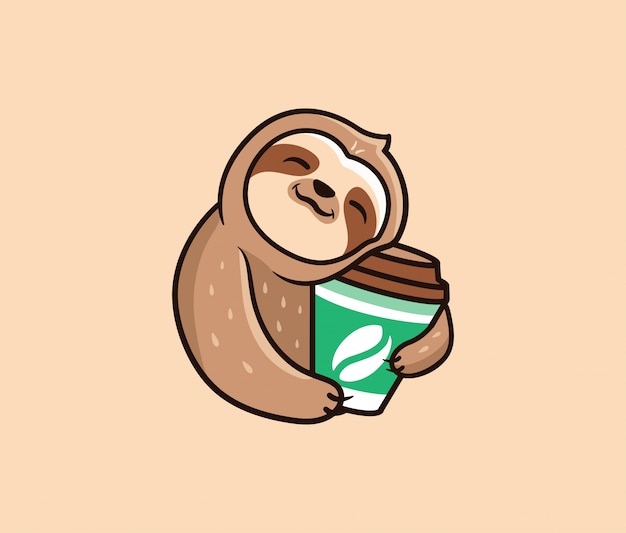 The logo funny sloth with coffee. Food logotype, cute animal