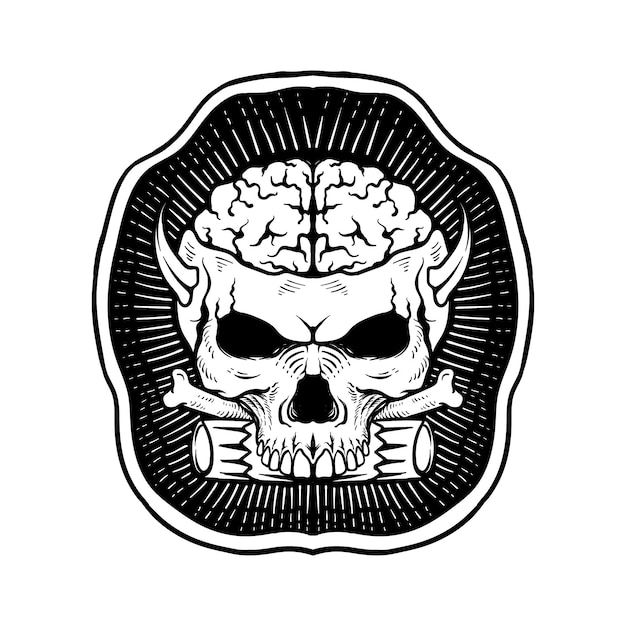 Logo hand drawn skull braind  with bone line art black and white