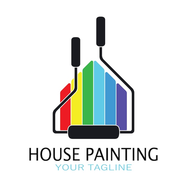 Logo icon illustration house paint with a blend of brushes and rollers for house wall paint design minimalist house painting interior building property business wallpaper vector concept