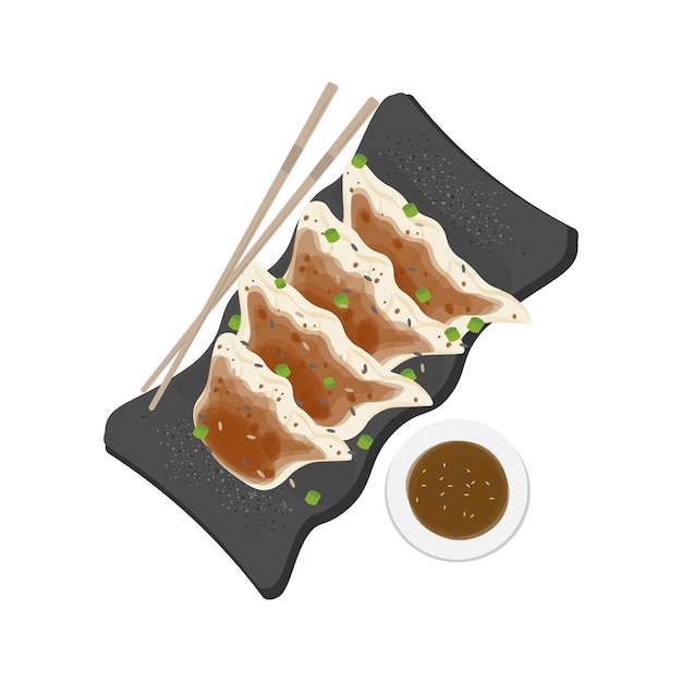 Logo Illustration of Gyoza Jiaozi Dumplings on a Plate Served with Soy Sauce