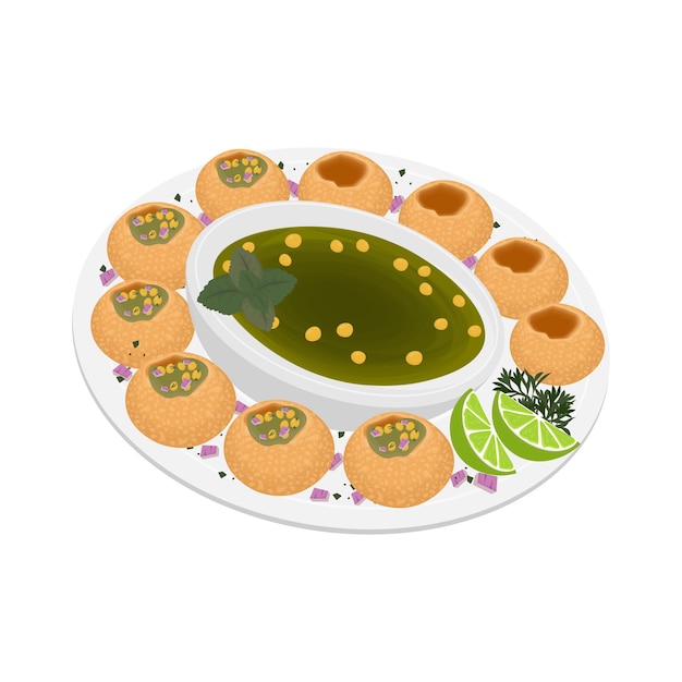 Vector logo illustration line art of pani puri fuchka fuchka or golgappa on a plate