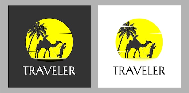 logo illustration of a man leading a camel in the desert used for traveling logos