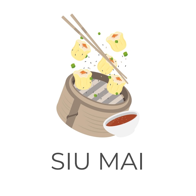 Logo Illustration of Shumai siu mai siomai Dumplings in a Bamboo Steamer with Sauce