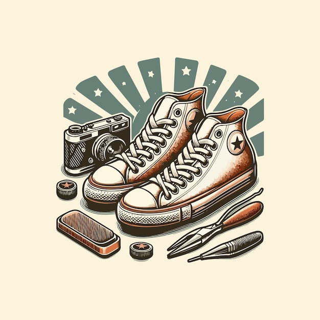 Vector logo illustration of vintage sneakers shoes in retro style mascot