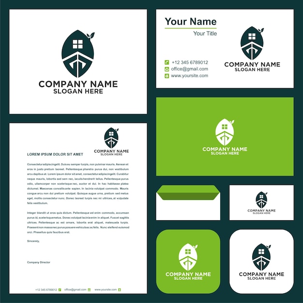 logo leaf real estate combination letter gg and business card premium