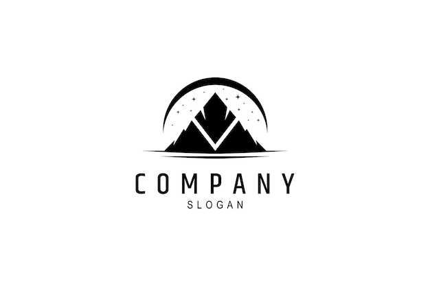 Logo of mountains at night under moonlight and stars in flat design style