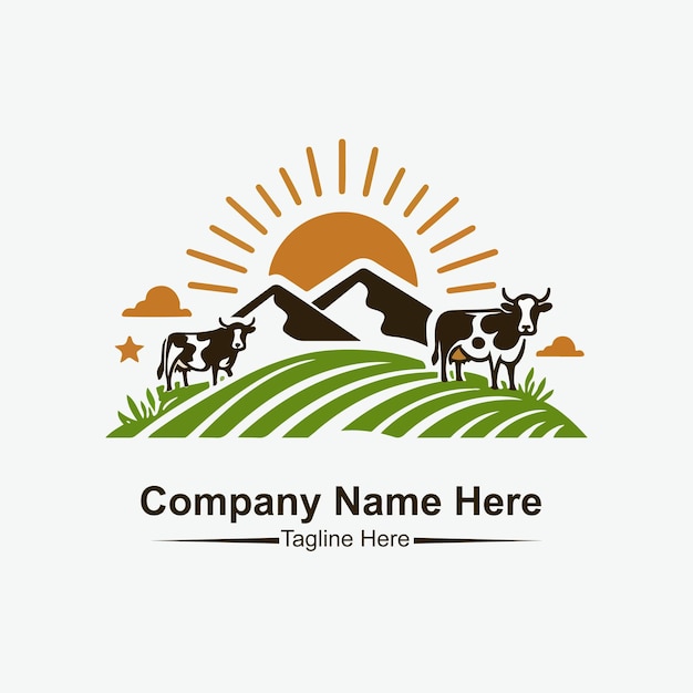 A logo for organic farm with a sun and cows on the top