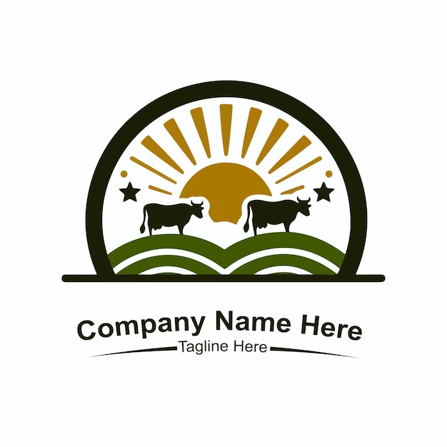 Vector a logo for organic farm with a sun and cows on the top