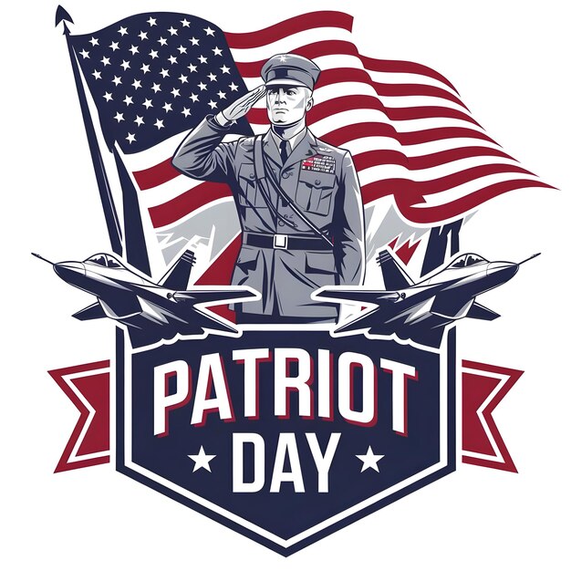 Vector logo for patriot day a man in a blue military uniform saluting with an american flag