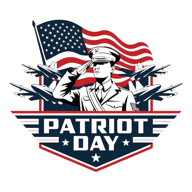 Vector logo for patriot day a man in a blue military uniform saluting with an american flag