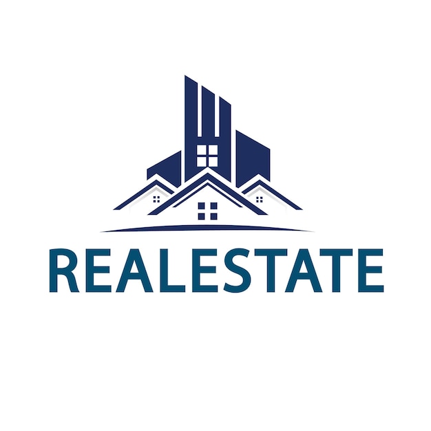 A logo for real estate with a house and a house in blue.