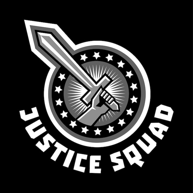 Logo squad of justice sword in hand Sticker isolated and encircled by a white outline in the background Black and white execution Vector illustration Flat style