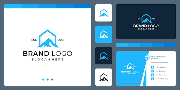 Logo that combines house shapes and mountain. business cards.