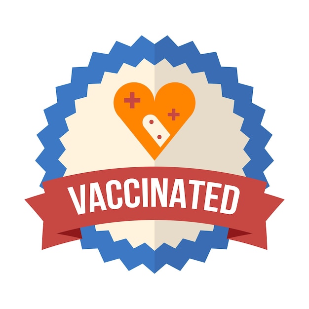 A logo for vaccinated with a red ribbon that says vaccinated.