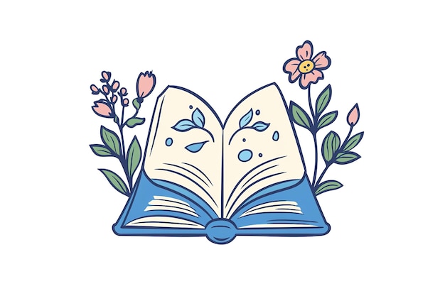 Logo vector design of an open book with a blue cover and flowers on the right side white background