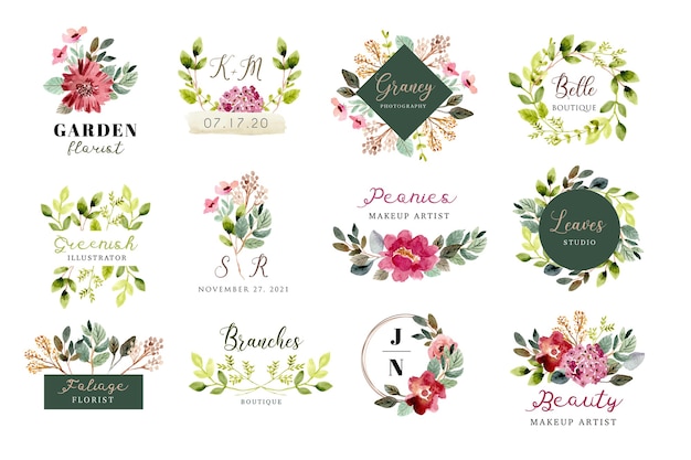 logo with beautiful floral and foliage watercolor collection