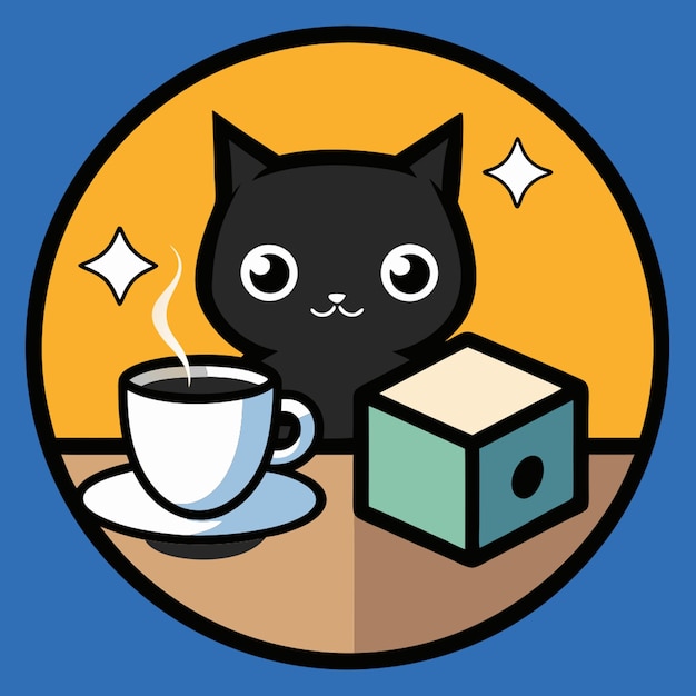 Vector logo without text for a table game cafe with a black cat coffee cup playing cube without text