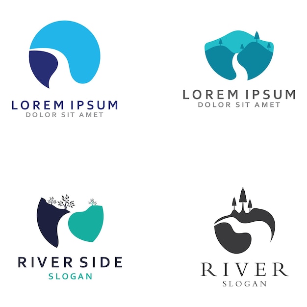 Logos of rivers creeks riverbanks and streams River logo with combination of mountains and farmland with concept design vector illustration template