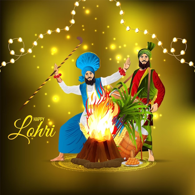 Lohri sikh festival celebration greeting card with vector illustration