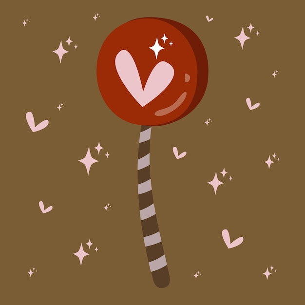 Lollipop with a heart and sparkles on a striped stick. Romantic sweet candy for the holiday. Vector