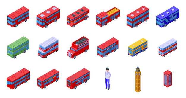 London bus icons set isometric vector Decker double