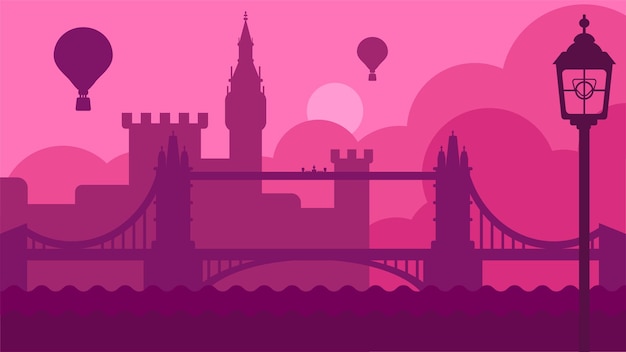 London landscape with castle and river vector. Air balloon transport fly above ancient urban construction building and tower bridge, great britain capital. City embankment flat cartoon illustration