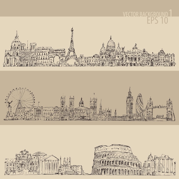 London, Paris, Rome, big city architecture, vintage engraved illustration