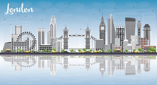 London Skyline with Gray Buildings, Blue Sky and Reflections. Vector Illustration.