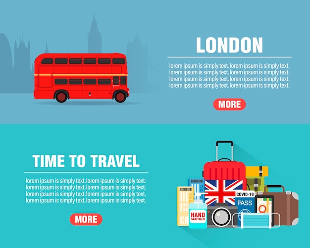 London travel concept design flat banners set Time to travel Travel icon Safe journey Vector illustration